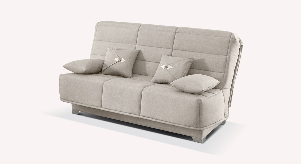 Canapé clic-clac Lucien en tissu Preston gris clair avec trois coussins assortis