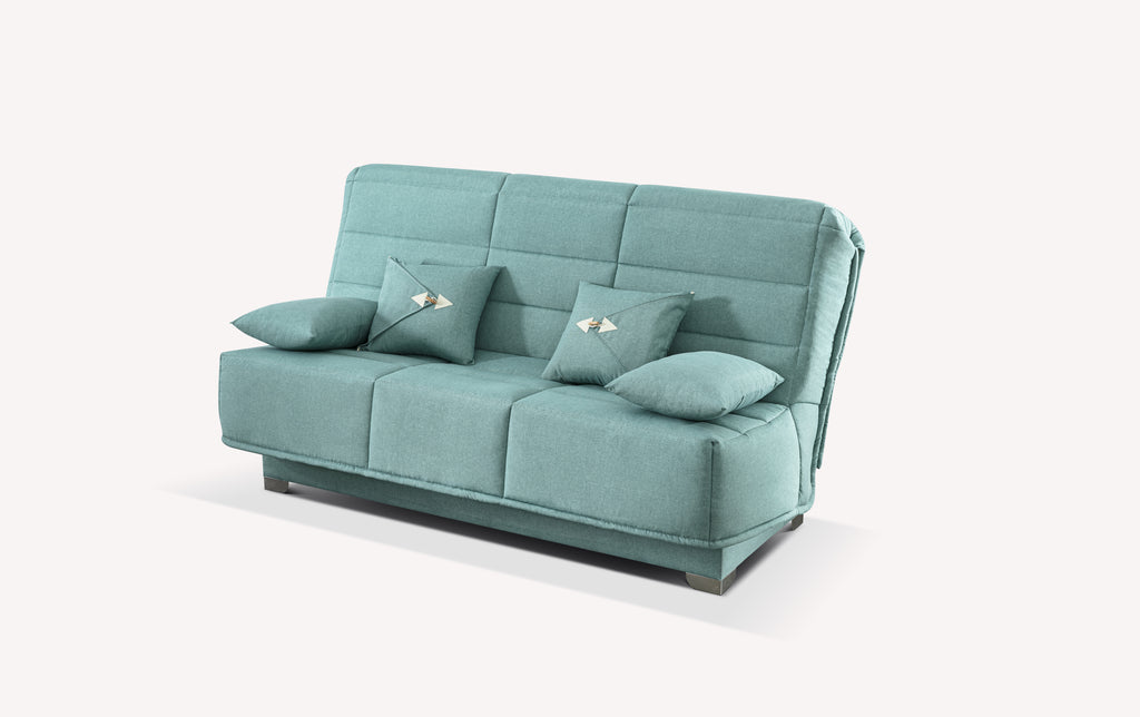 Canapé clic-clac en tissu bleu lagon avec coussins décoratifs, modèle Lucien Preston