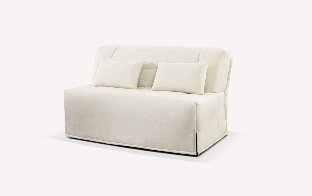 Banquette BZ modèle Simone en tissu Florence lin, couleur crème, avec deux coussins assortis