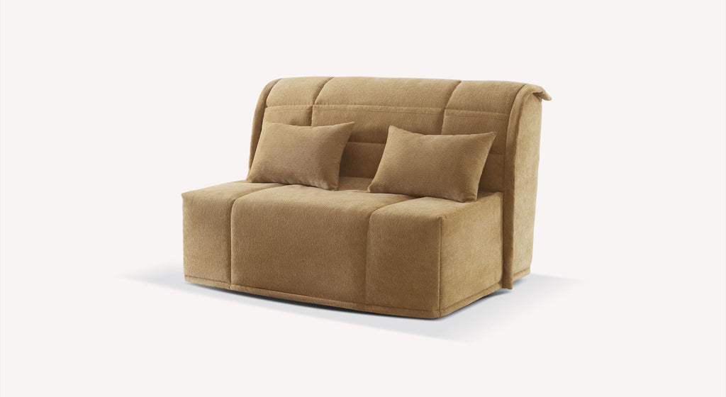 Banquette BZ Toronto en tissu curry avec deux coussins assortis, design moderne et compact