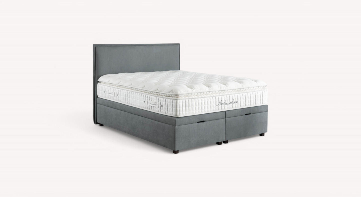 Lit coffre Ouessant Mine Niagara LMC 2 avec matelas épais et tête de lit grise, design moderne et fonctionnel