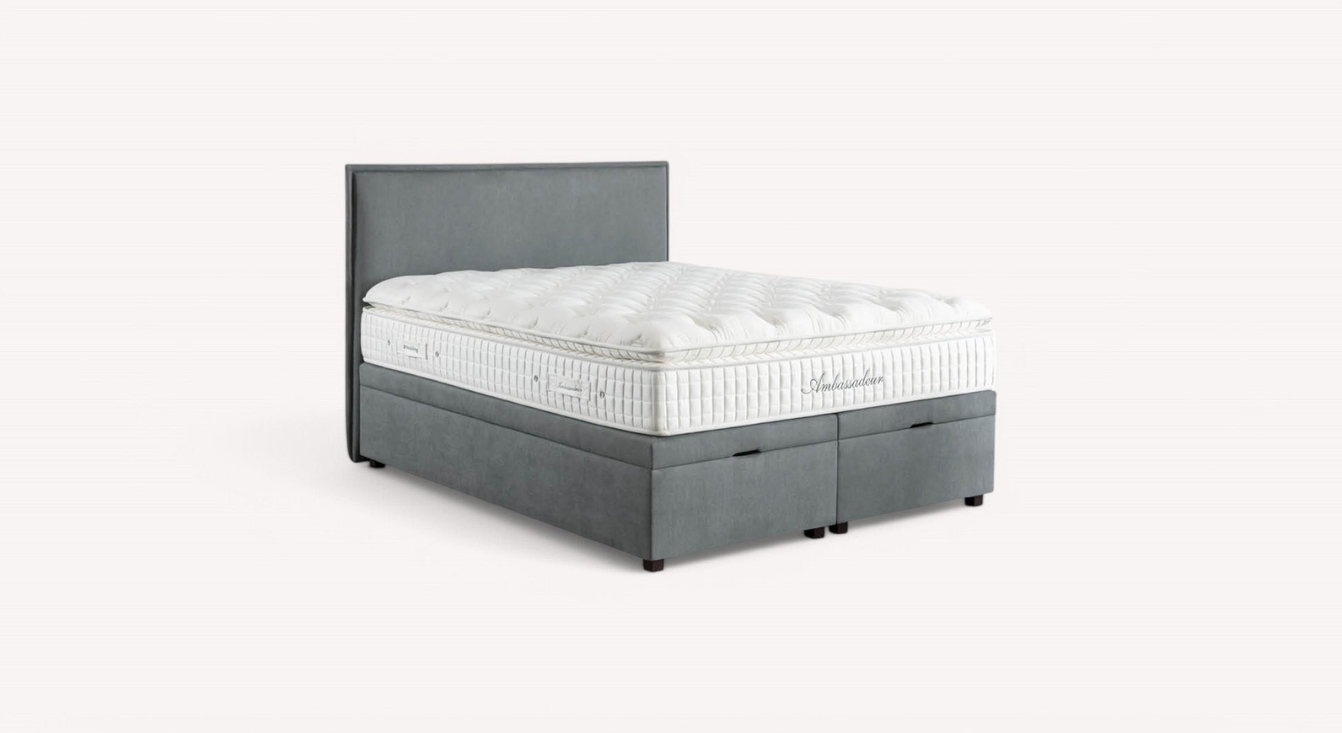 Lit coffre Ouessant Mine Niagara LMC 2 avec matelas épais et tête de lit grise, design moderne et fonctionnel