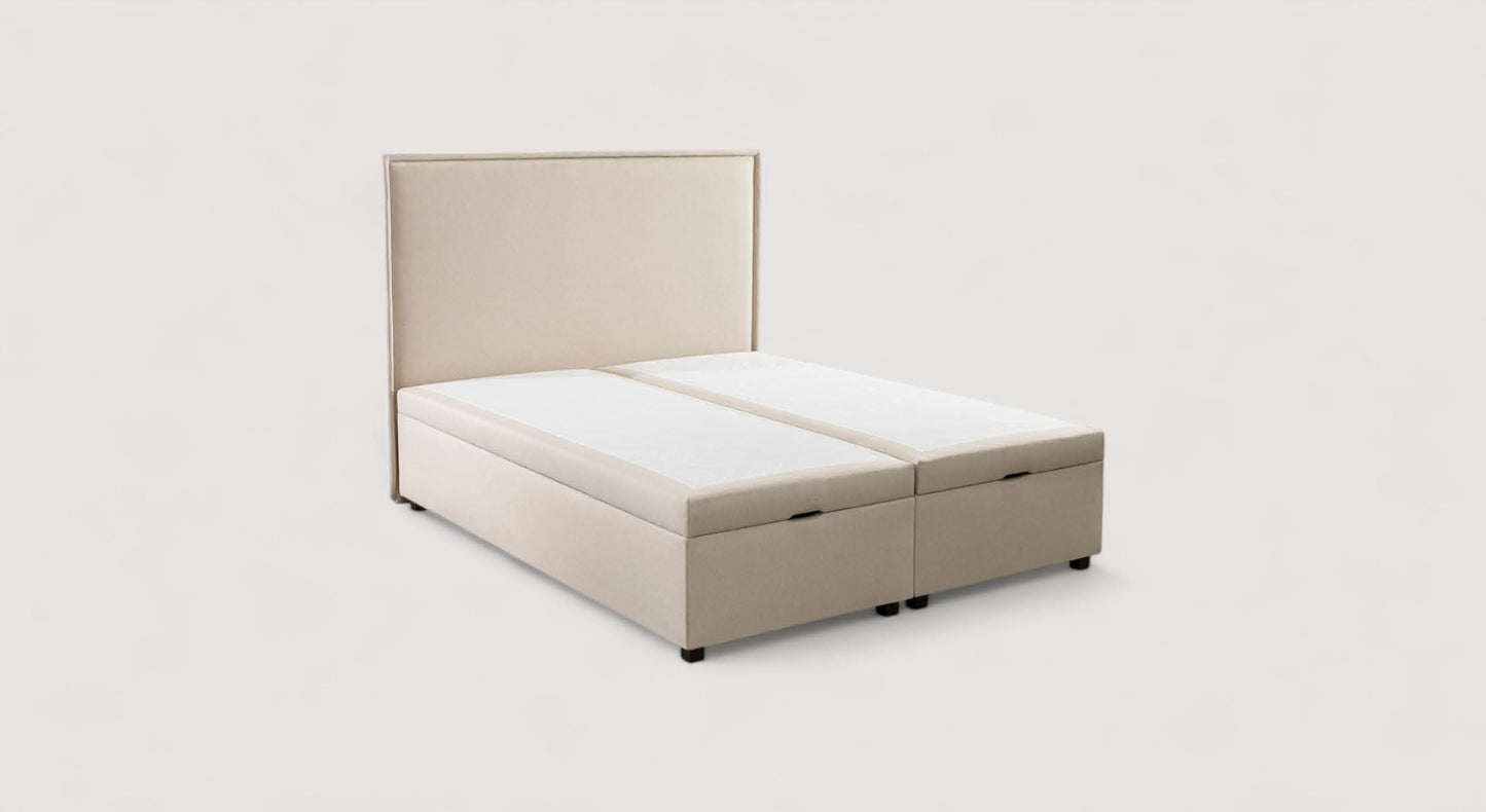 Lit coffre beige modèle Ouessant Luca, design moderne avec tête de lit rembourrée et espace de rangement intégré