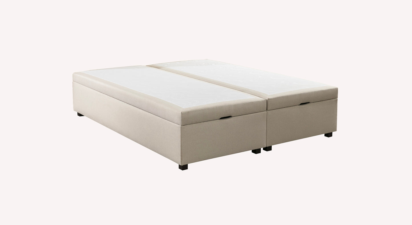 Lit coffre beige modèle Ibiza 7, avec matelas intégré et pieds noirs, en vue de packshot sur fond clair