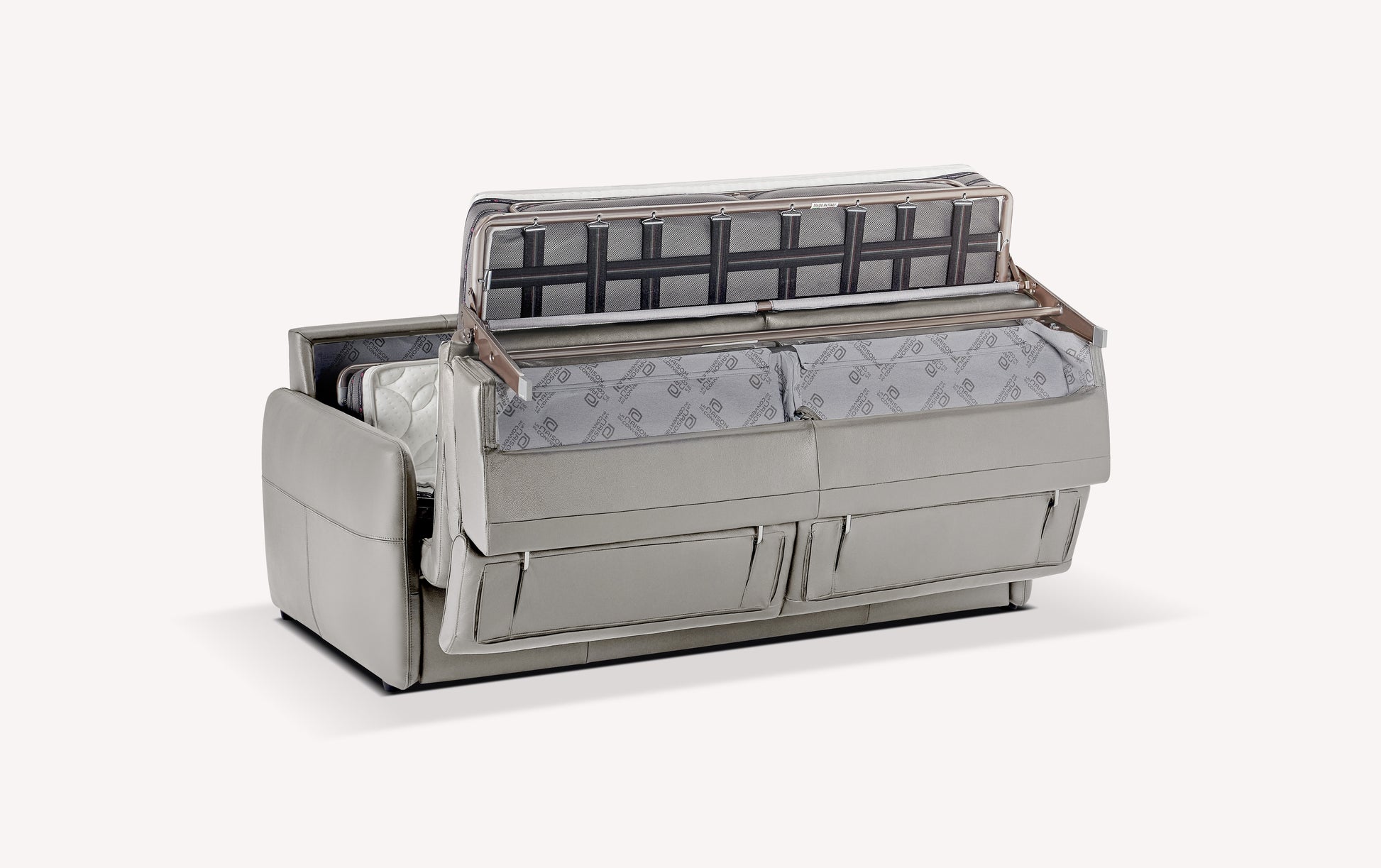 Canapé convertible en cuir gris souris, modèle Bruce, avec mécanisme de dépliage visible