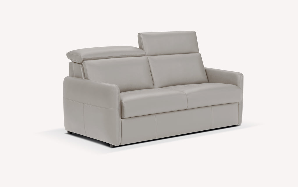 Canapé convertible en cuir gris souris, modèle Bruce, avec appuie-têtes ajustables
