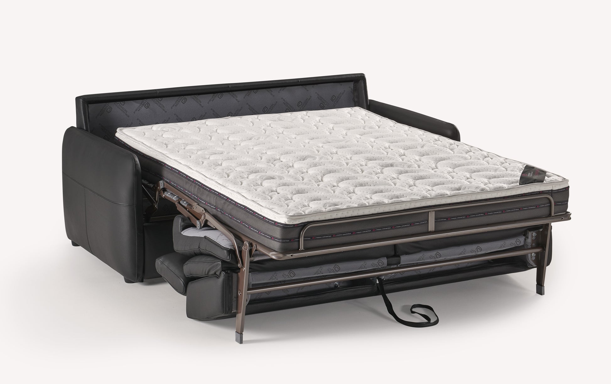 Canapé convertible en cuir noir avec matelas déplié, modèle Bruce Lux