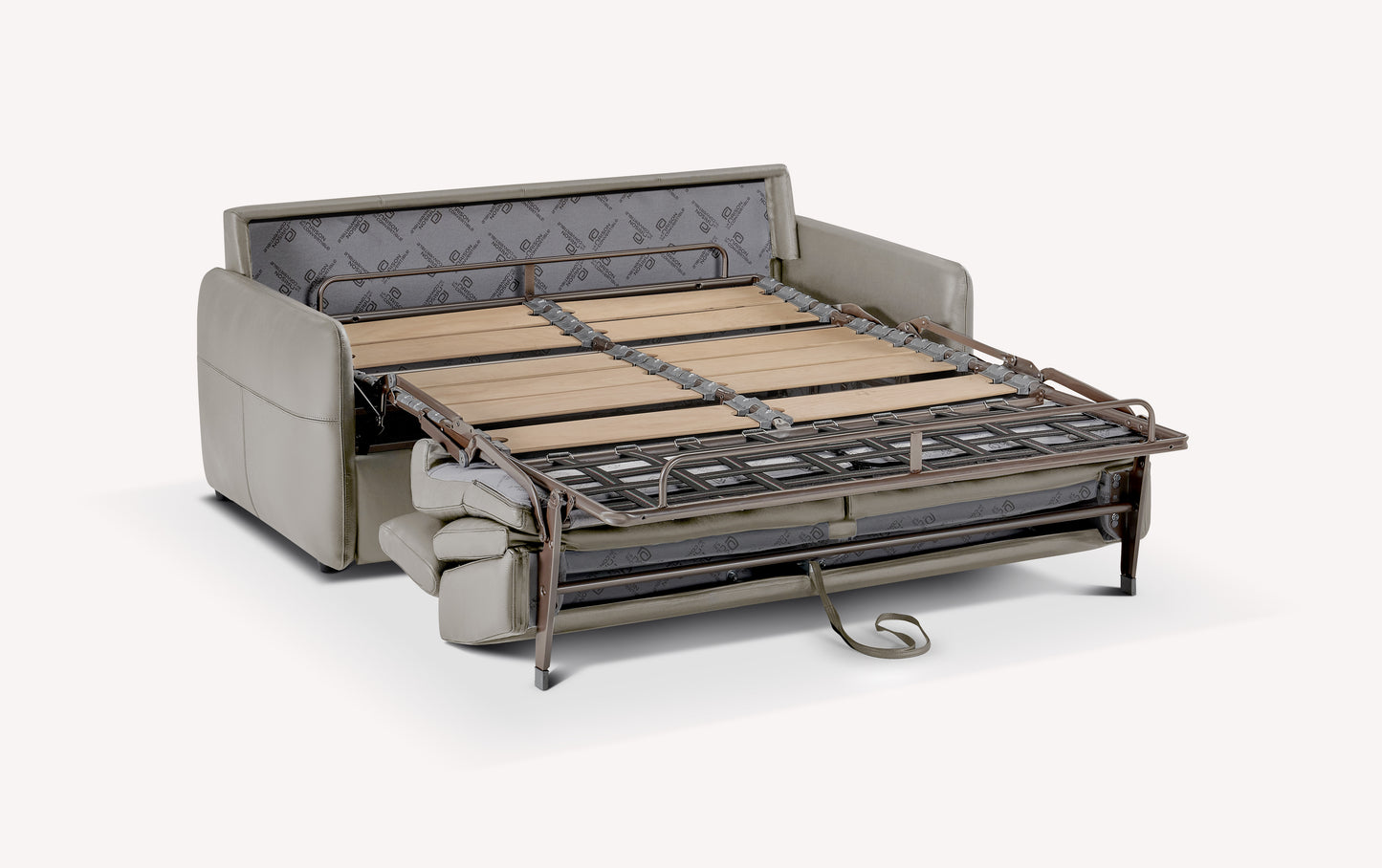 Canapé convertible en cuir gris clair, modèle Bruce, avec sommier déplié