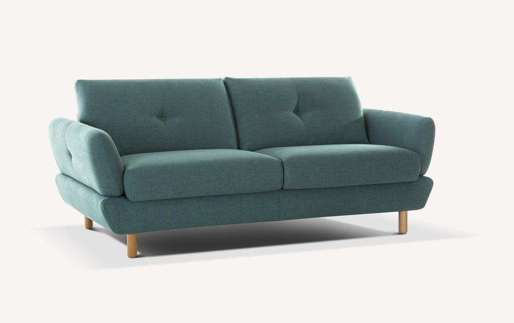 Canapé convertible en tissu vert, modèle Finn, avec pieds en bois et coussins capitonnés