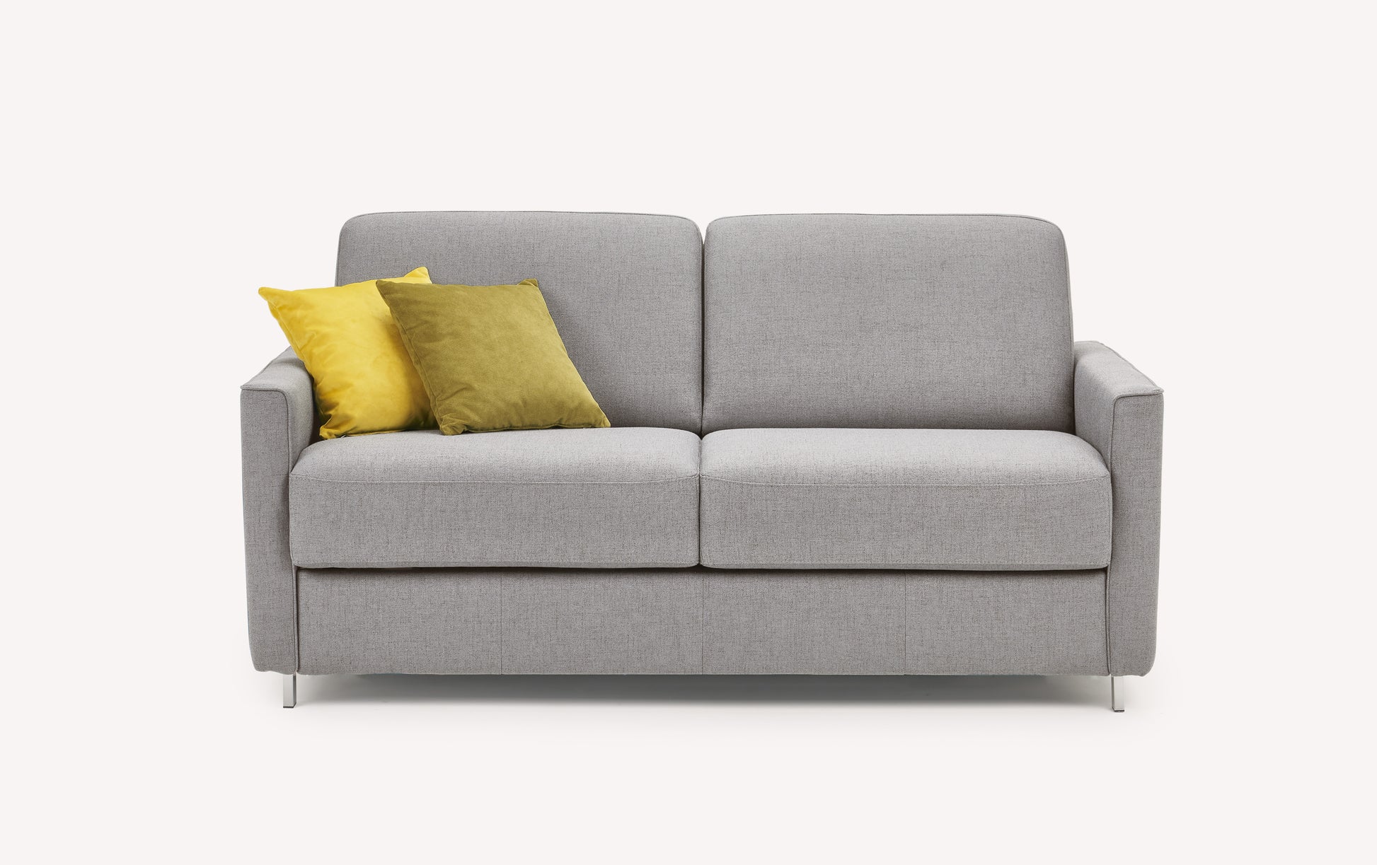Canapé convertible gris en tissu Foster avec deux coussins jaunes, modèle Jimmy