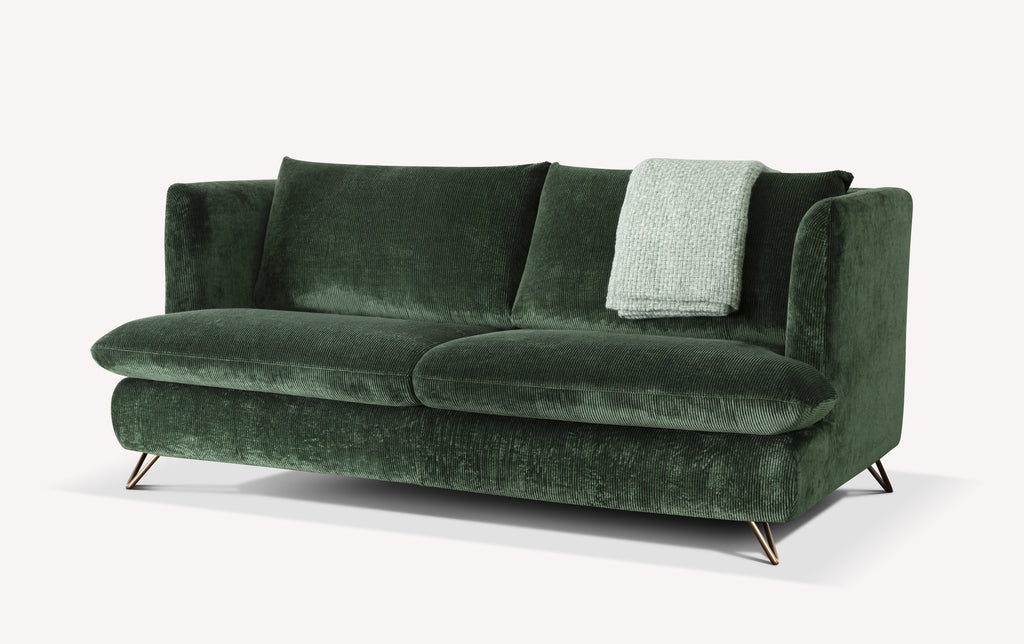 Canapé convertible en velours côtelé vert bouteille avec pieds métalliques et plaid gris clair