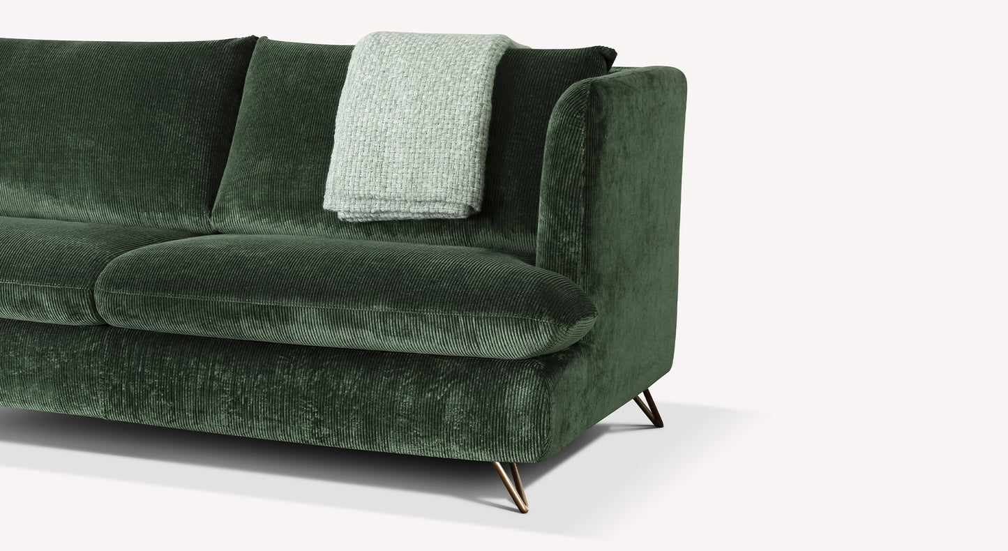 Canapé KING Corduroy Etroit Bouteille en velours vert bouteille avec assise confortable et coussins moelleux, parfait pour un couchage quotidien élégant et moderne.