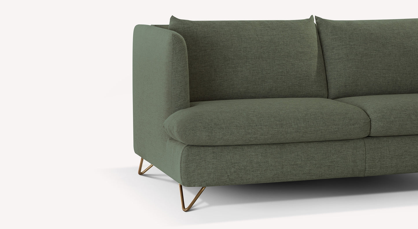 Canapé convertible KING Tequila Sapin en tissu vert sapin, avec assise et dossier confortables, pieds en métal doré pour un style contemporain et élégant.