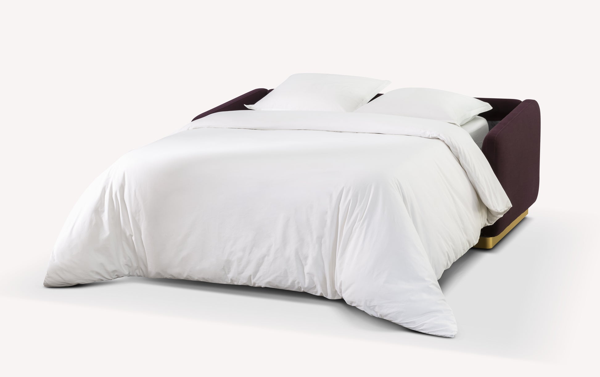 Canapé convertible Koons ouvert, tissu violet, avec literie blanche