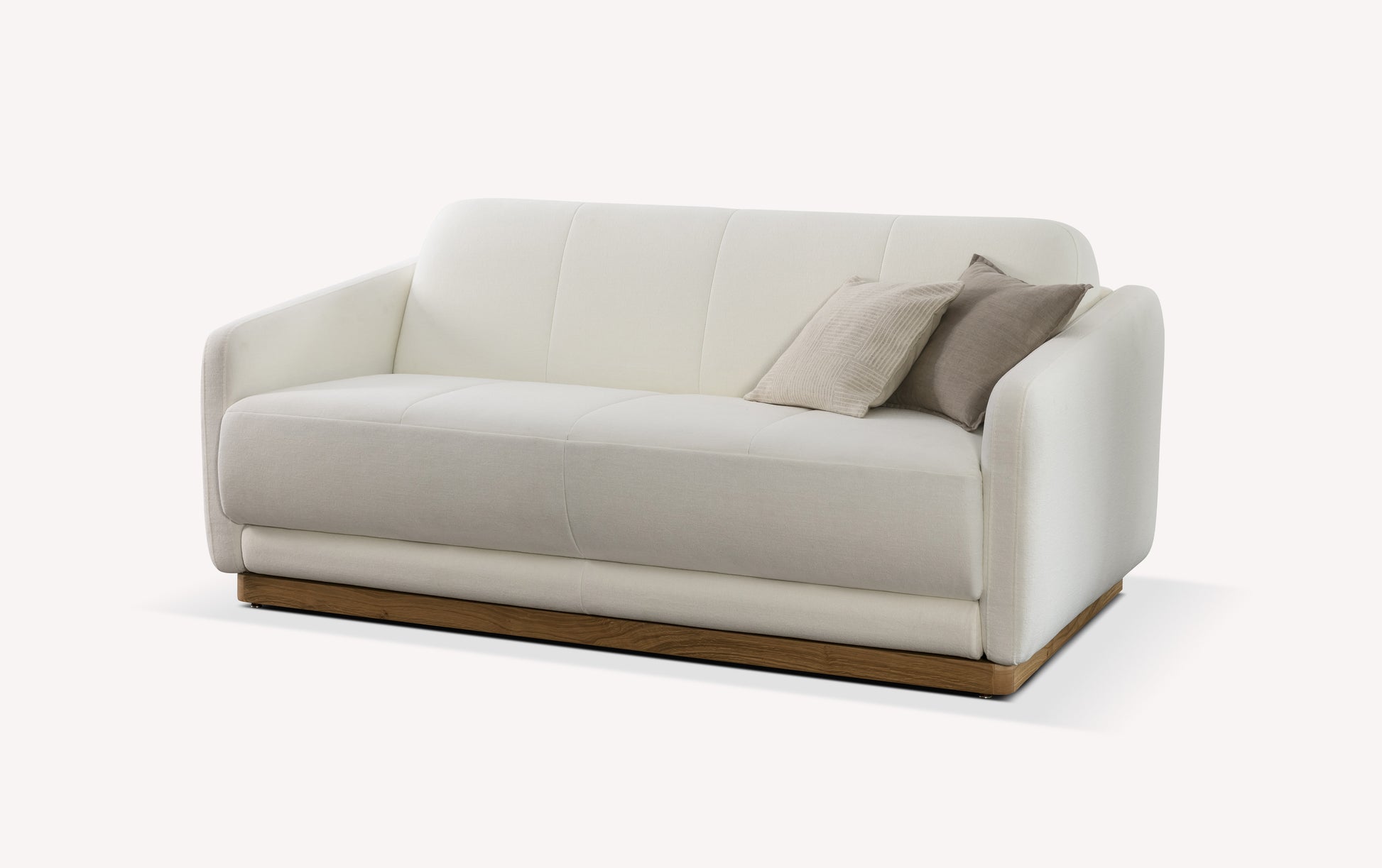 Canapé convertible Koons en tissu Fluf neige avec coussins, design moderne et base en bois