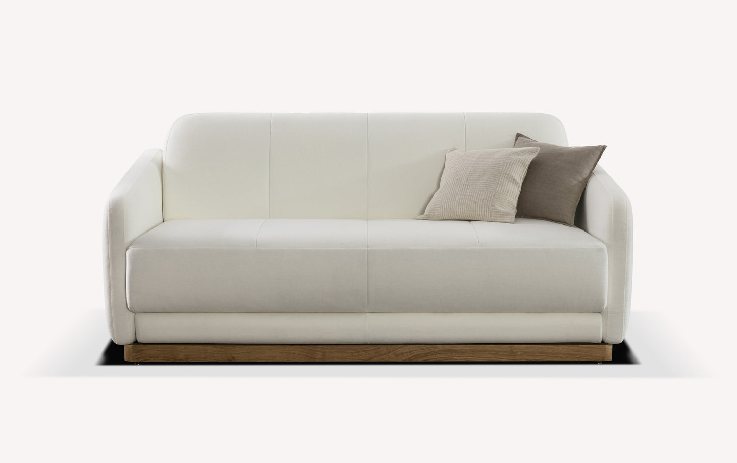 Canapé convertible en tissu blanc neige avec deux coussins, design moderne et base en bois