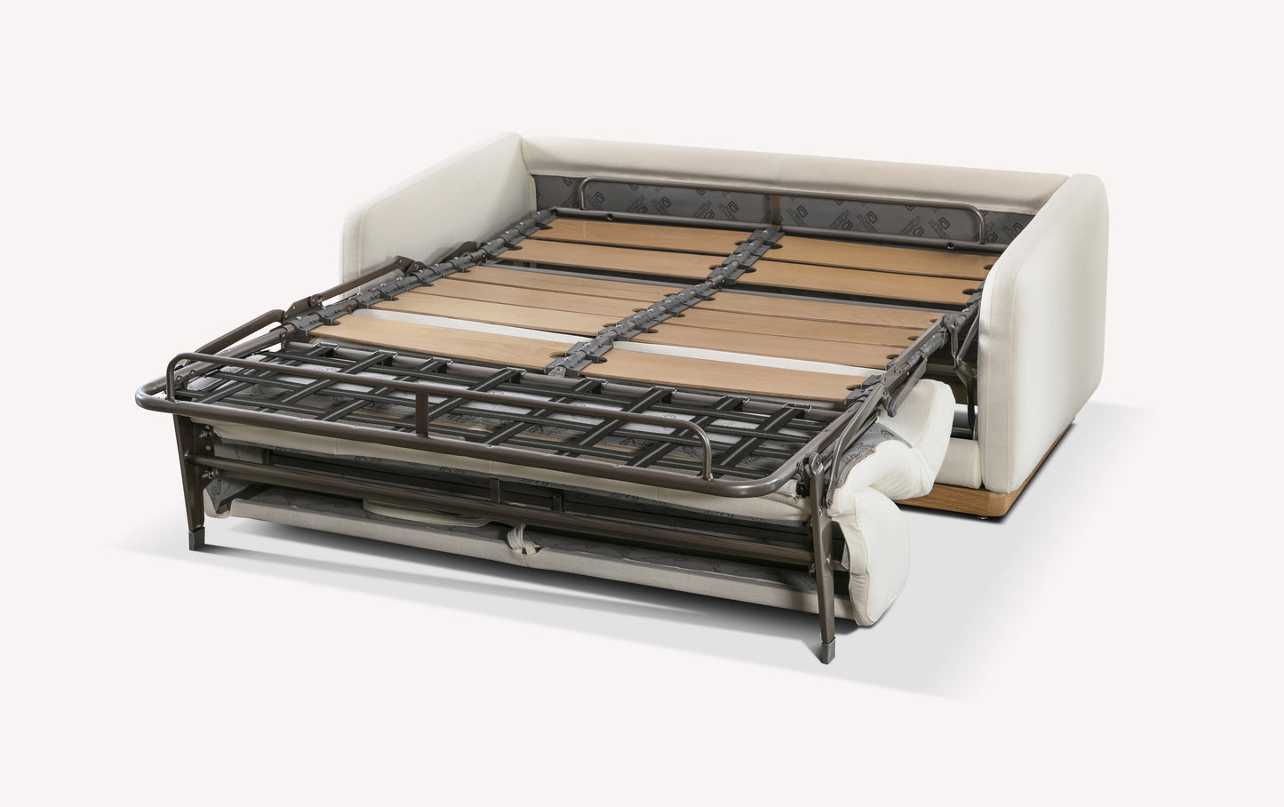 Sommier de canapé convertible Koons en tissu Fluf Neige, structure métallique et lattes en bois, en position dépliée