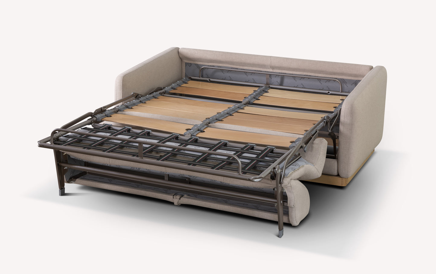 Canapé convertible en tissu beige avec sommier déplié, modèle Koons, structure métallique et lattes en bois