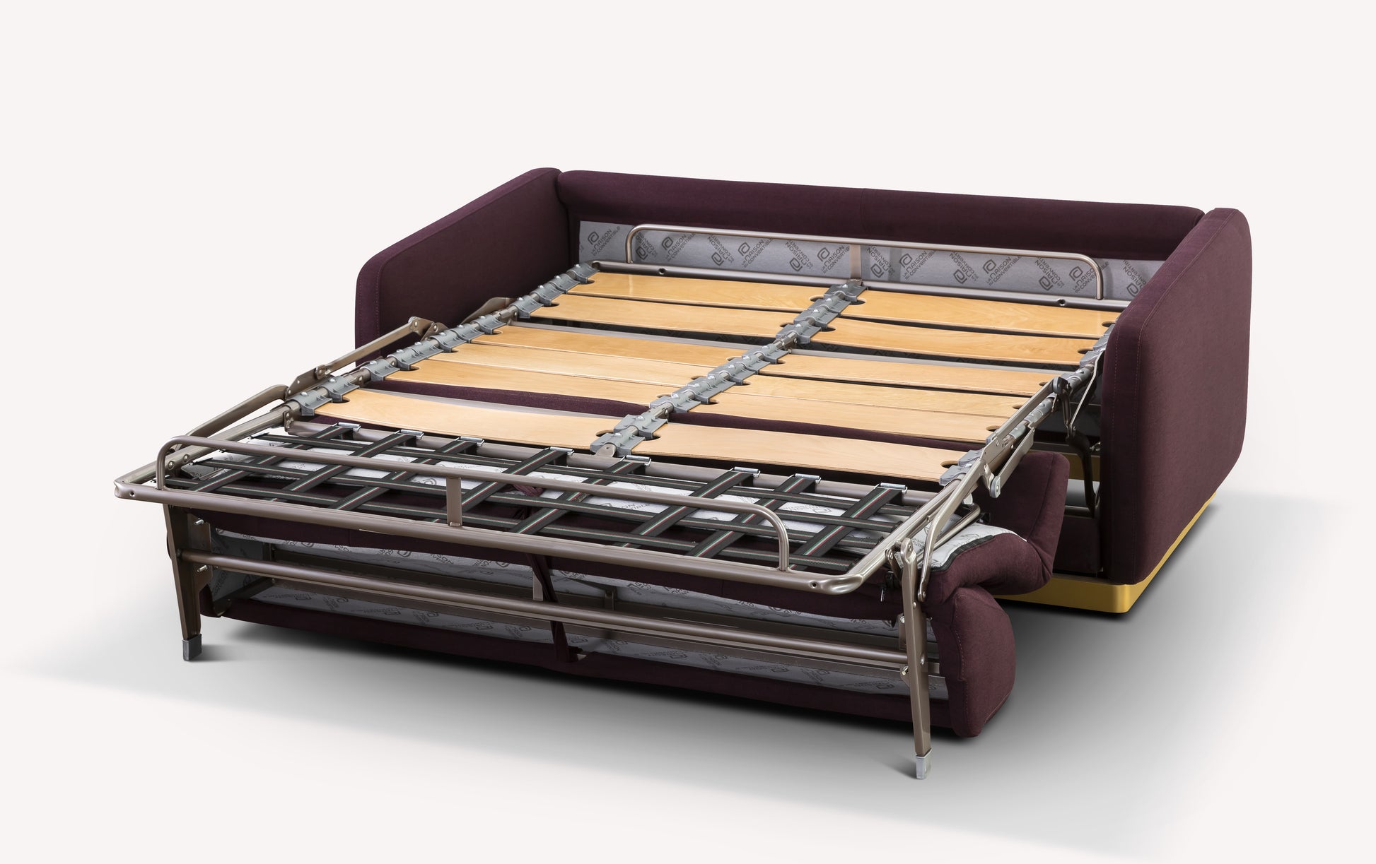 Canapé convertible en tissu violet avec sommier déplié, modèle Koons