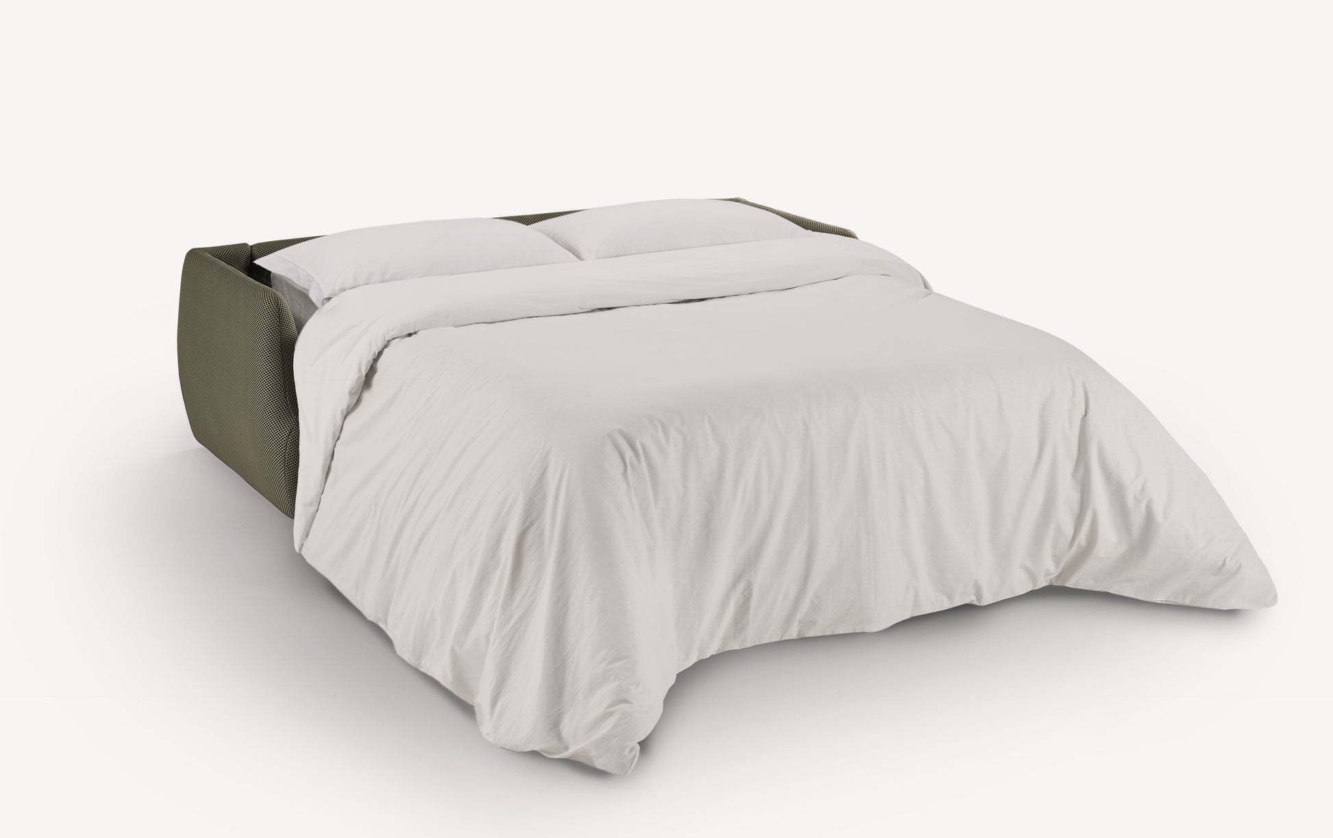 Canapé convertible ouvert en lit, tissu kaki Vulcano, avec draps blancs