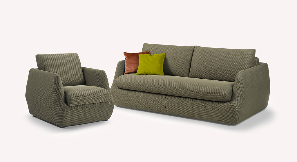 Canapé convertible et fauteuil en tissu kaki Vulcano, avec coussins marron et vert