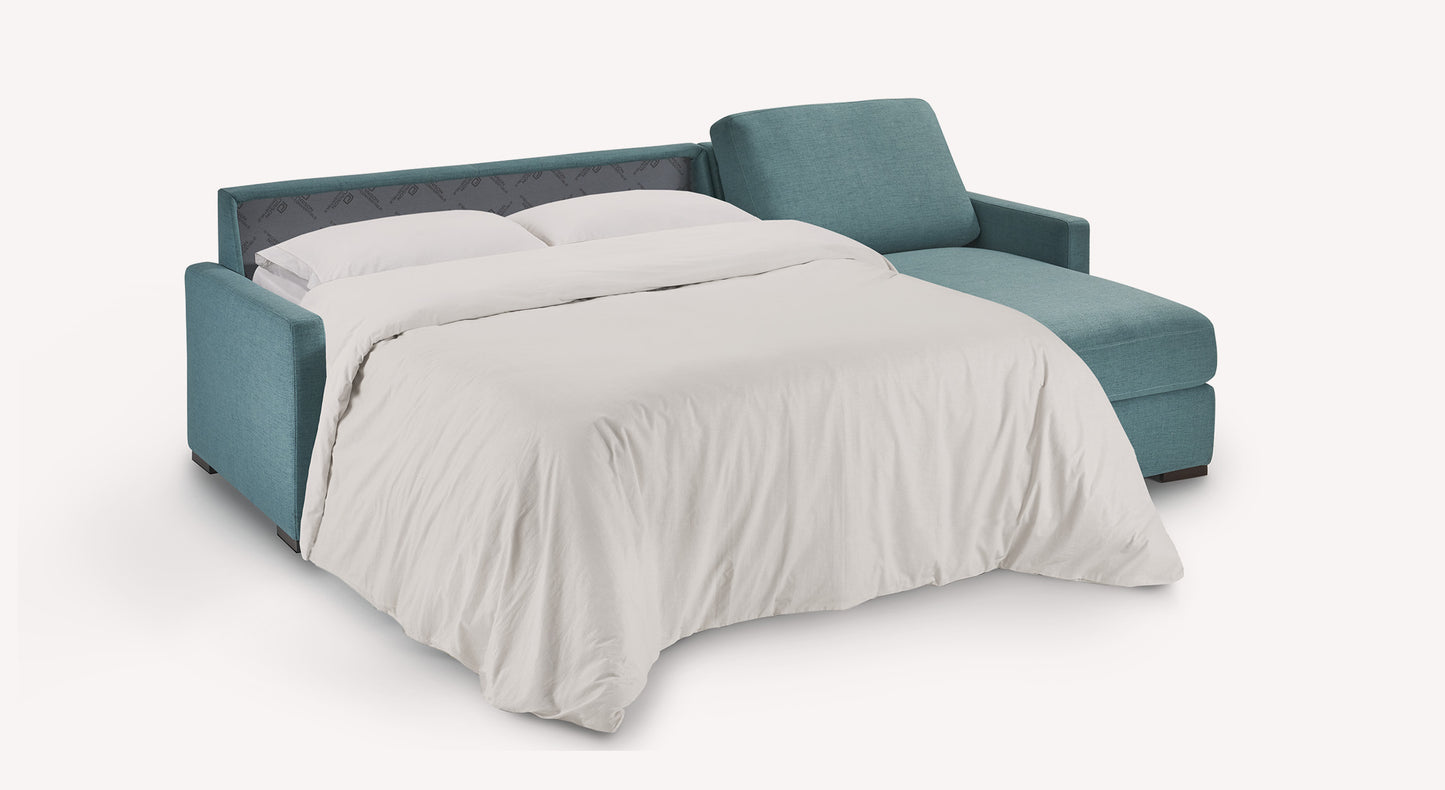 Canapé-lit turquoise ouvert avec draps blancs, angle droit, style moderne