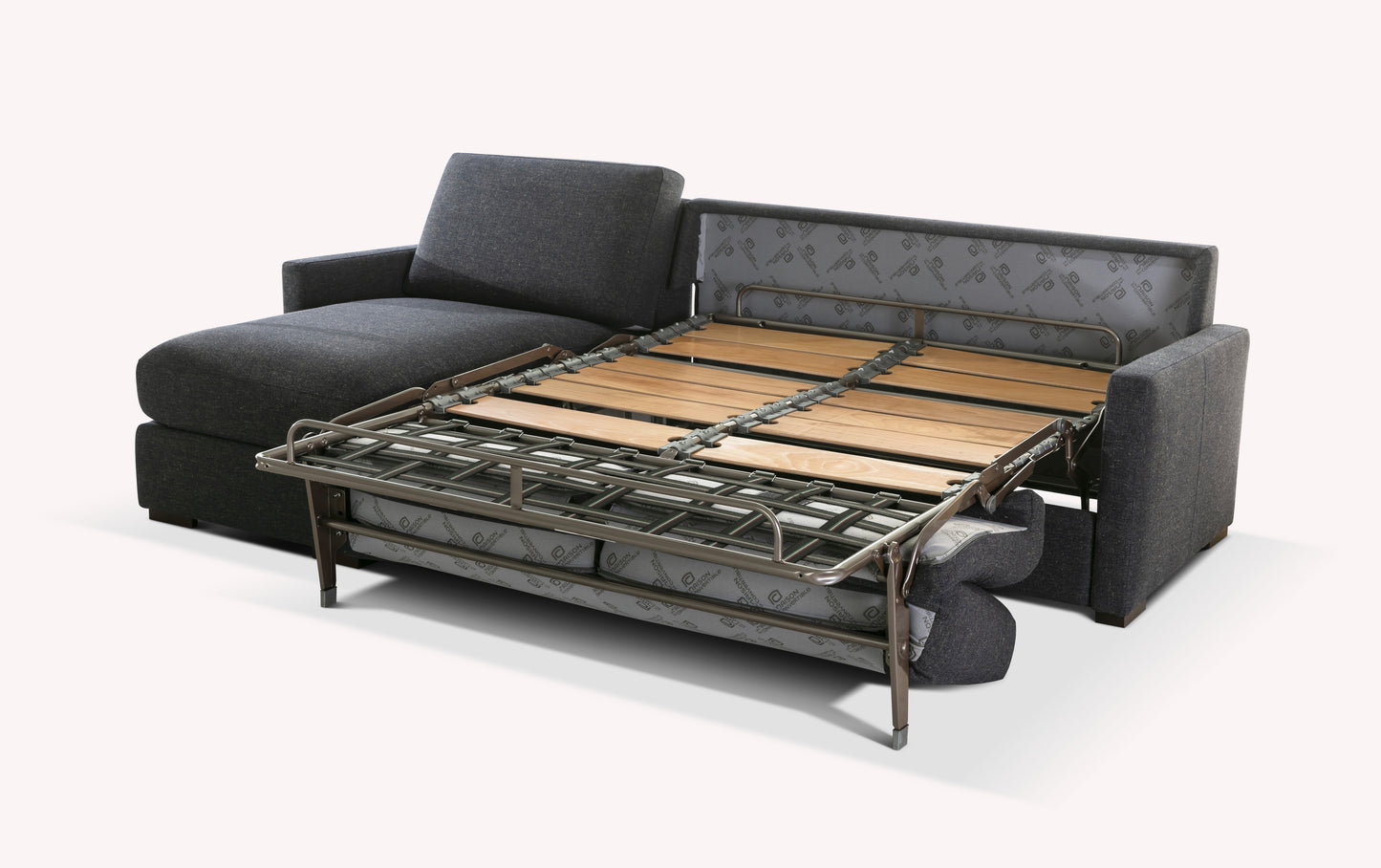 Canapé convertible en tissu gris avec sommier déplié, modèle Lyon Modi