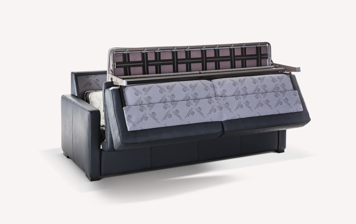 Canapé convertible en cuir bleu avec mécanisme de dépliage visible, modèle luxueux de Lyon