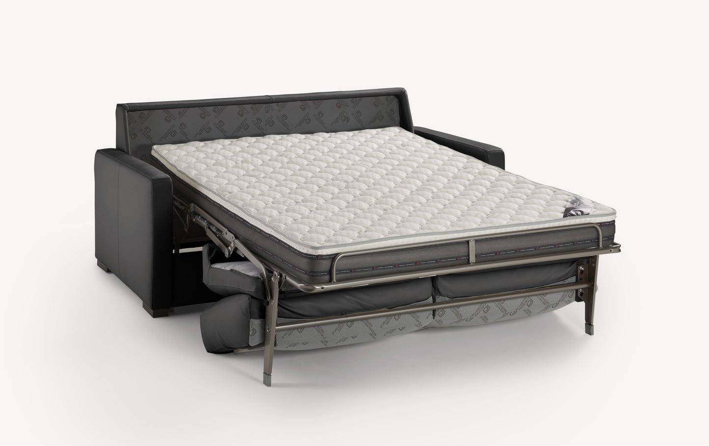 Canapé convertible en cuir noir avec matelas déplié, design luxueux et moderne