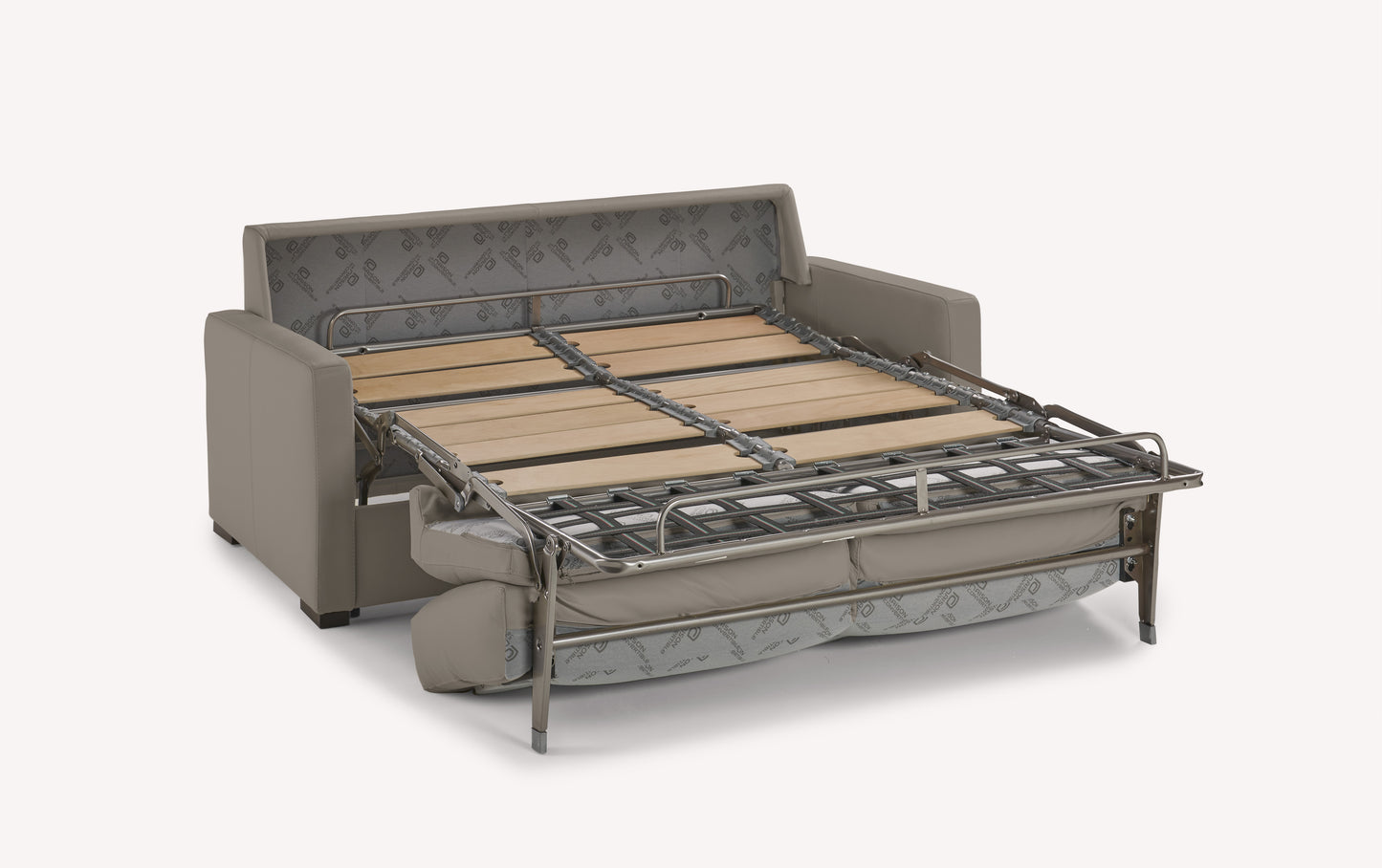 Canapé convertible en cuir gris souris, déplié pour montrer le sommier en bois et métal, modèle luxueux de Lyon