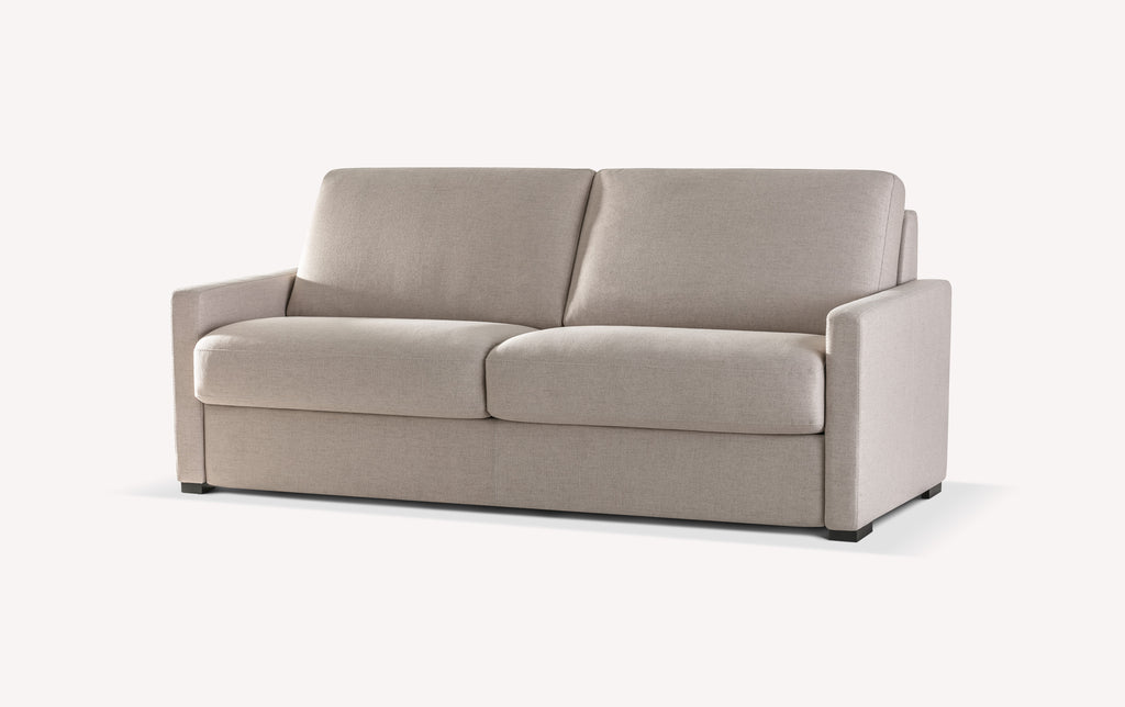 Canapé convertible en tissu mastic, modèle Lyon, avec accoudoirs droits et coussins d'assise et dossier épais