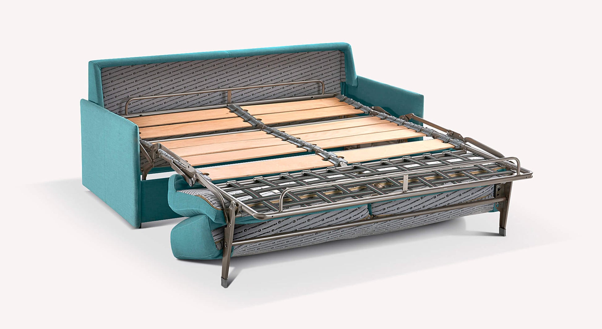 Canapé convertible compact turquoise avec structure dépliée, montrant le mécanisme et les lattes en bois