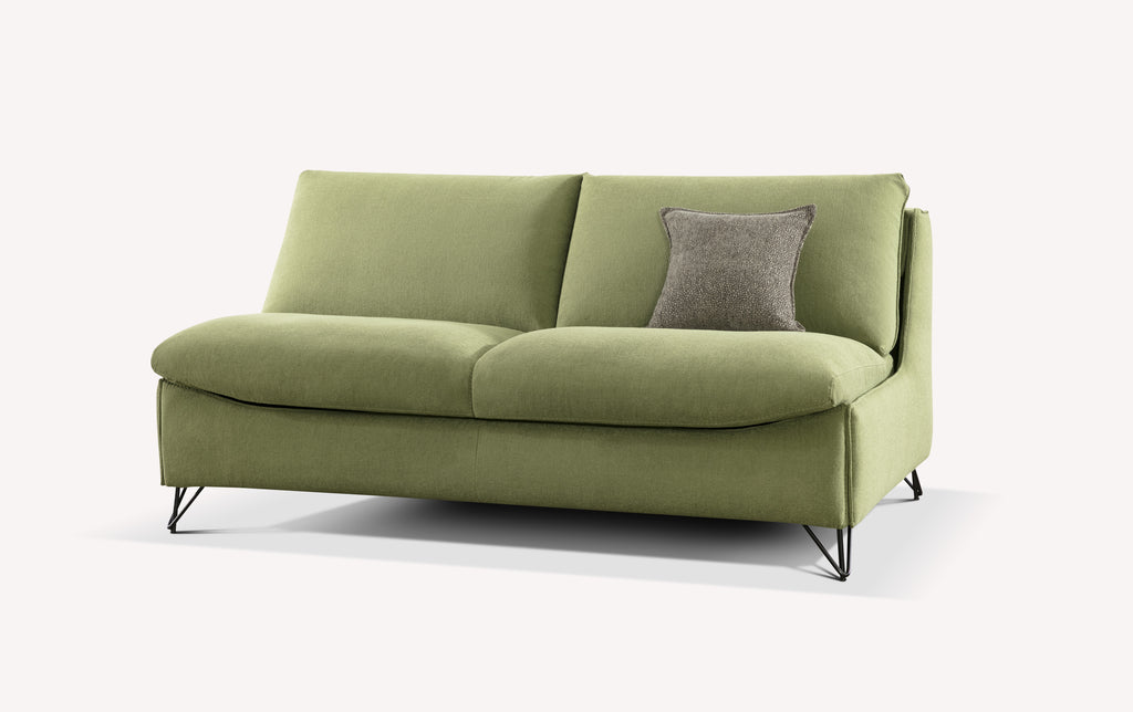 Canapé convertible vert en tissu Fluf Grass avec pieds en métal noir et coussin gris. Modèle Miles