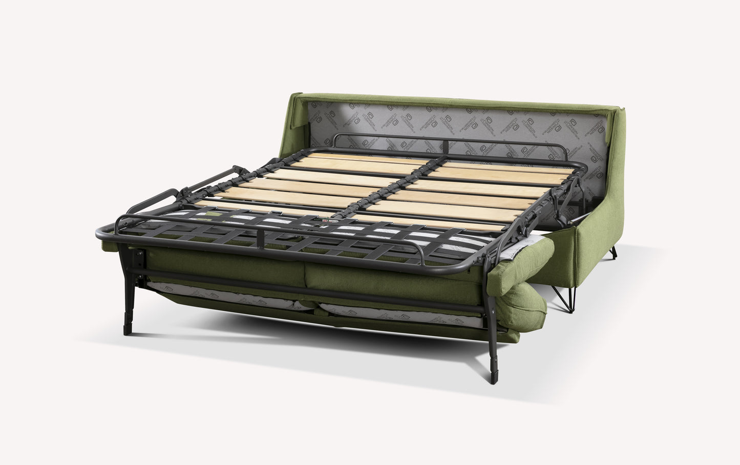 Sommier de canapé convertible Miles en tissu vert, modèle Fluf Grass, avec structure métallique et lattes en bois