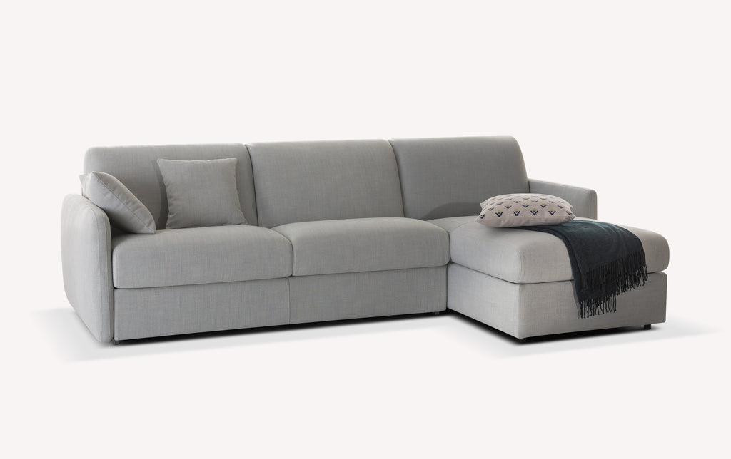 Canapé convertible d'angle New Azura en tissu gris avec coussins et plaid vert foncé
