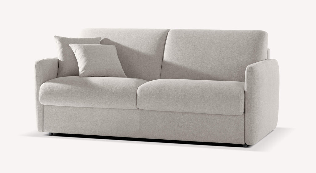 Canapé convertible Azura en tissu perle, design moderne avec coussins assortis