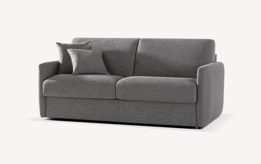 Canapé convertible New Azura en tissu gris, design moderne avec deux coussins assortis