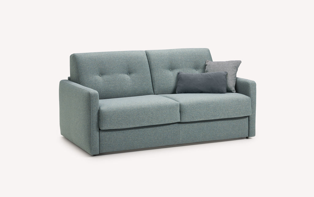 Canapé convertible en tissu bleu lagon avec coussins gris, modèle Ned Denver