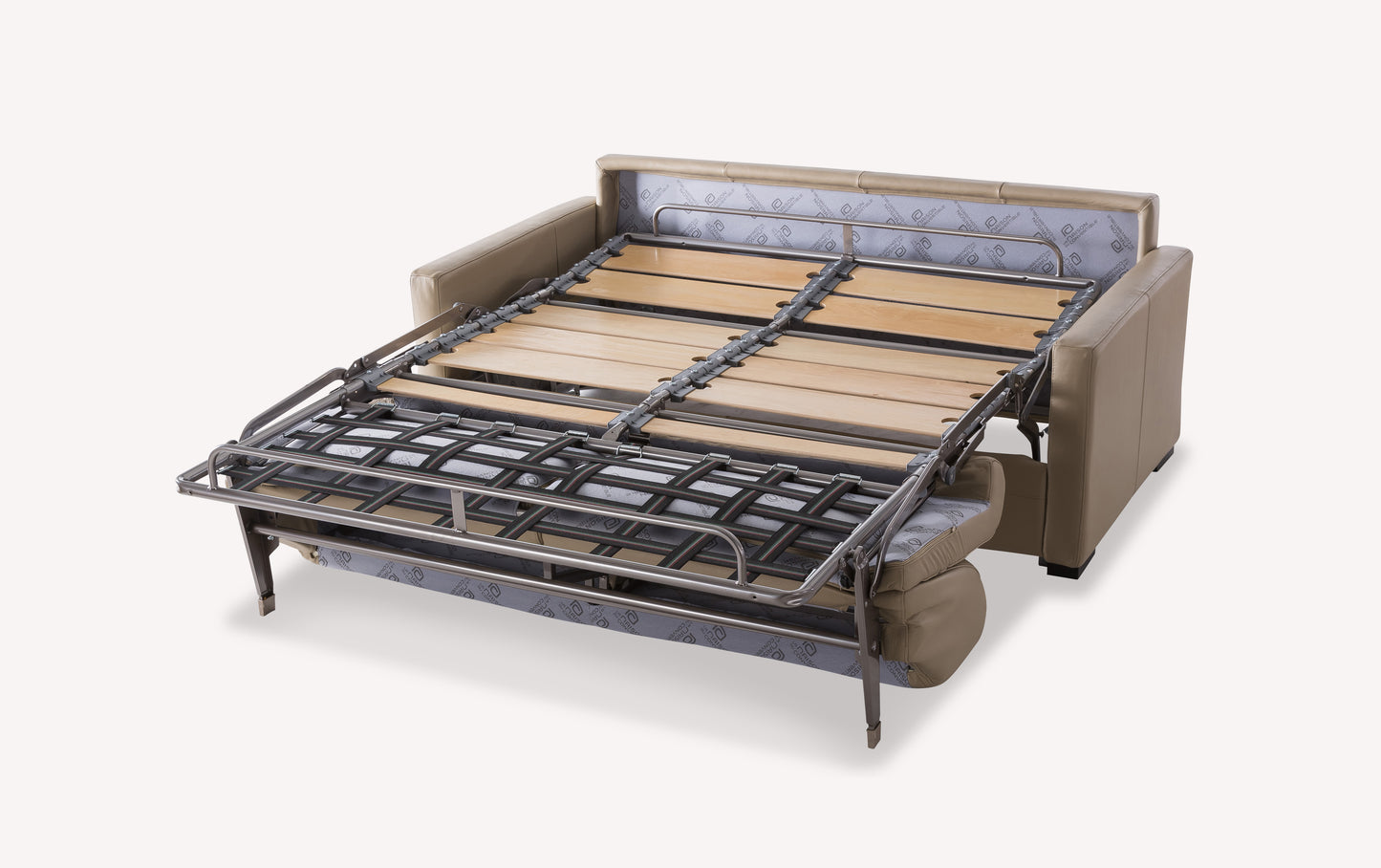 Canapé convertible en cuir mastic avec sommier déplié, modèle Notte Lux