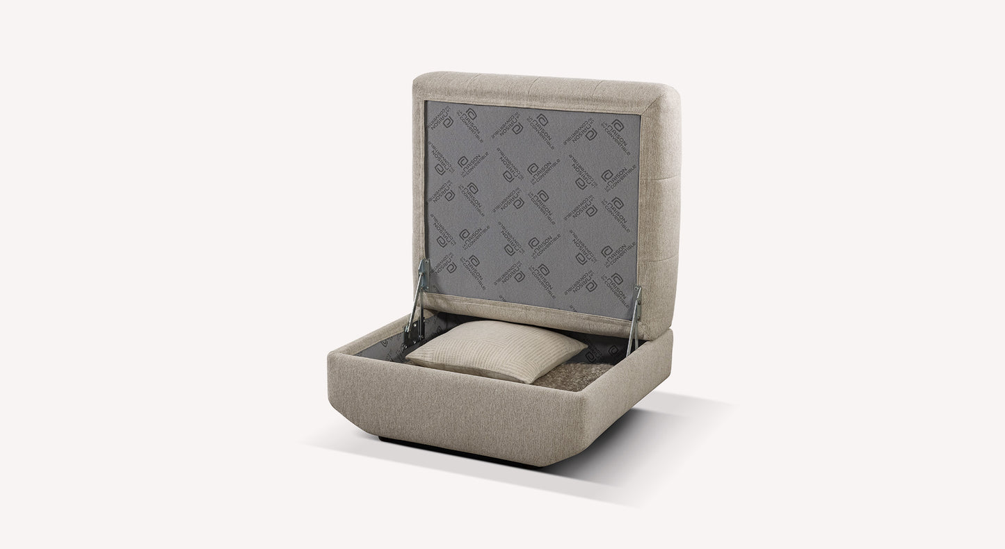 Pouf Stella 2 beige avec rangement ouvert, contenant un coussin
