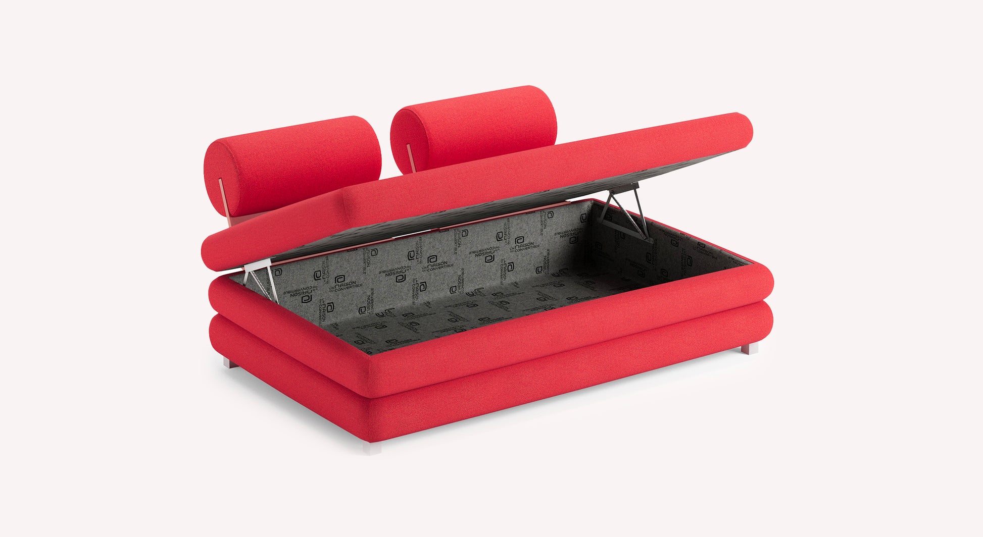 Canapé fixe suisse rouge avec rangement ouvert, design moderne et appuie-têtes cylindriques