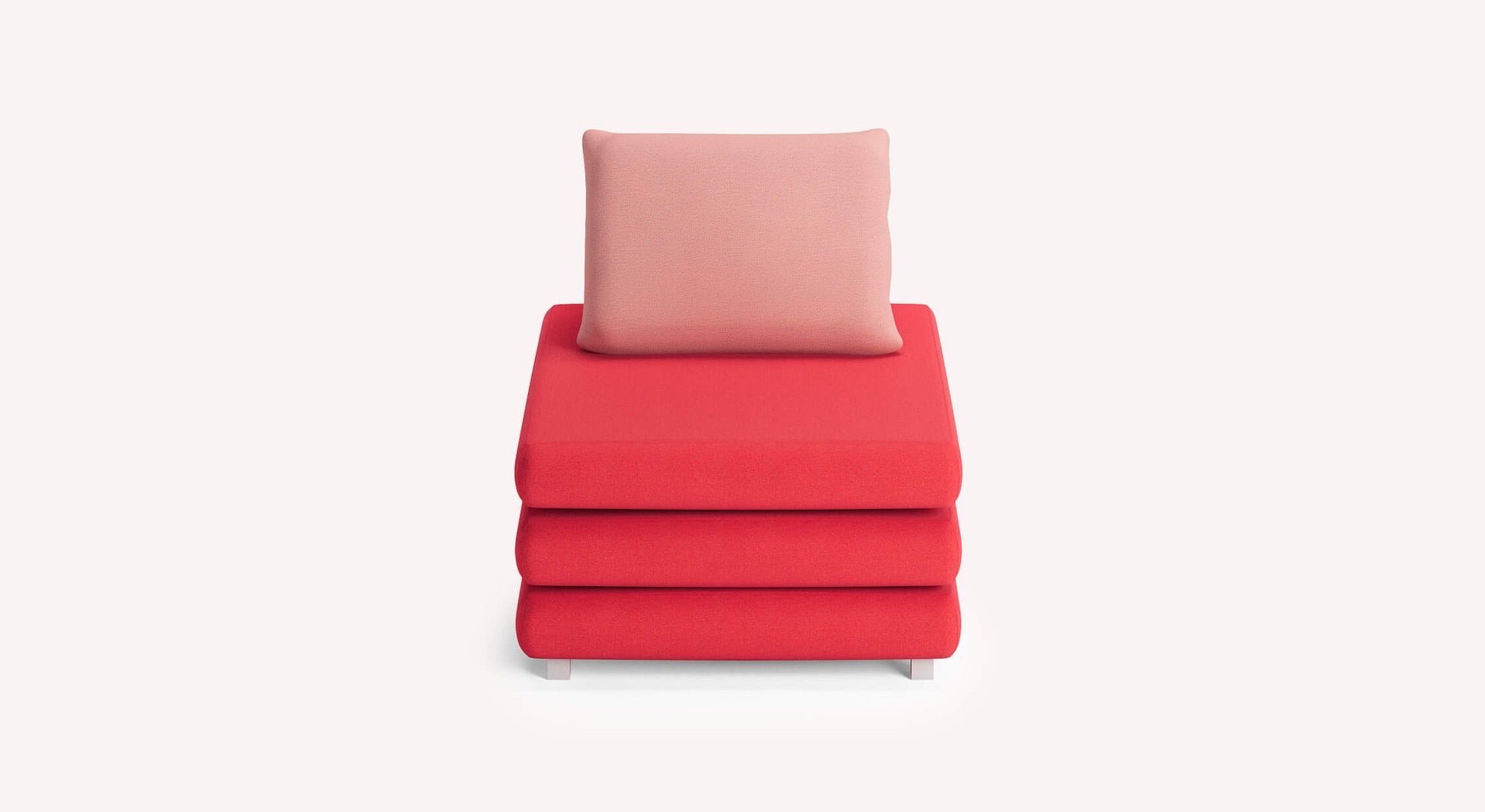 Fauteuil suisse moderne rouge avec coussin rose, design minimaliste, sur fond blanc