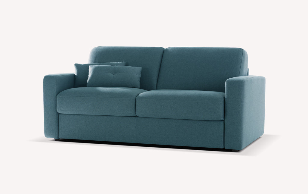 Canapé convertible en tissu bleu lagon, modèle Will, avec coussins assortis