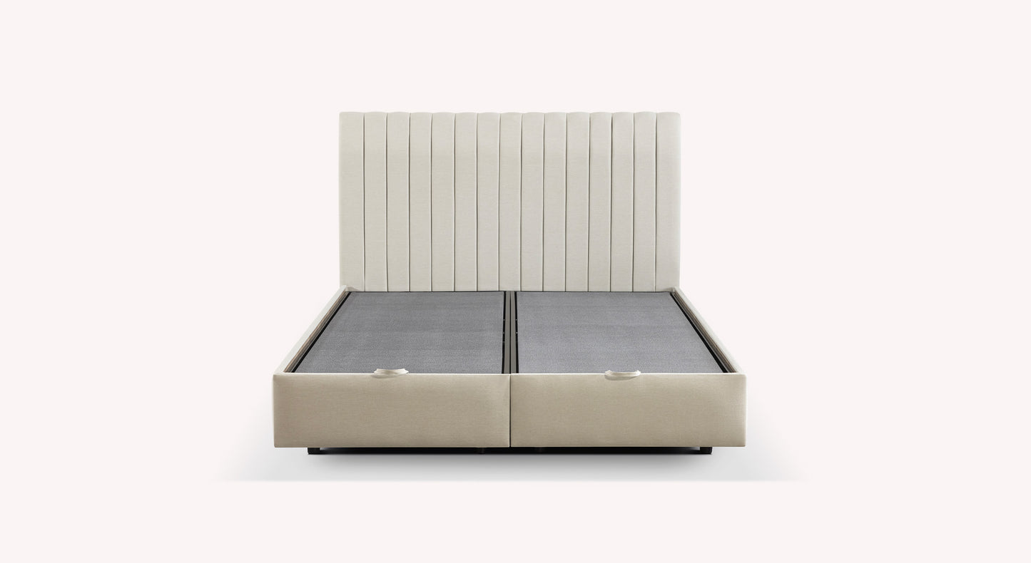 Lit coffre Amsterdam beige avec tête de lit capitonnée et tiroirs de rangement intégrés