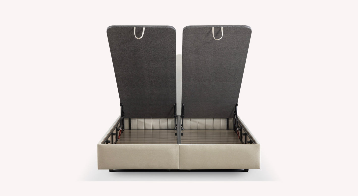 Lit coffre Amsterdam beige avec deux compartiments de rangement ouverts, vue de face
