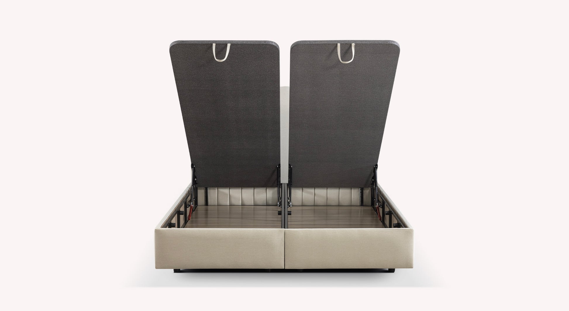 Lit coffre Amsterdam beige avec deux compartiments de rangement ouverts, vue de face