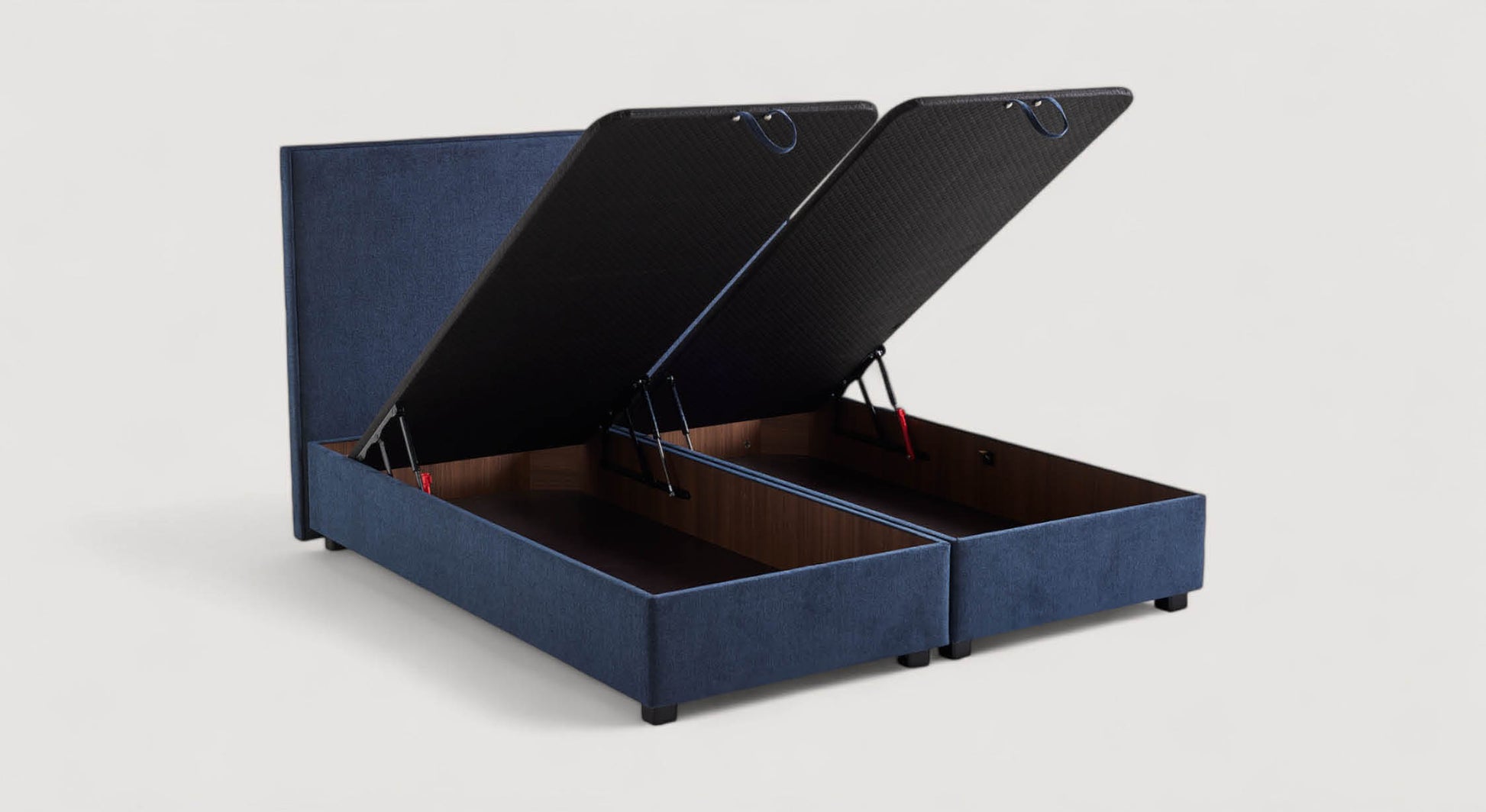 Lit coffre bleu marine avec deux compartiments de rangement ouverts, modèle Nina Margon Basic 429