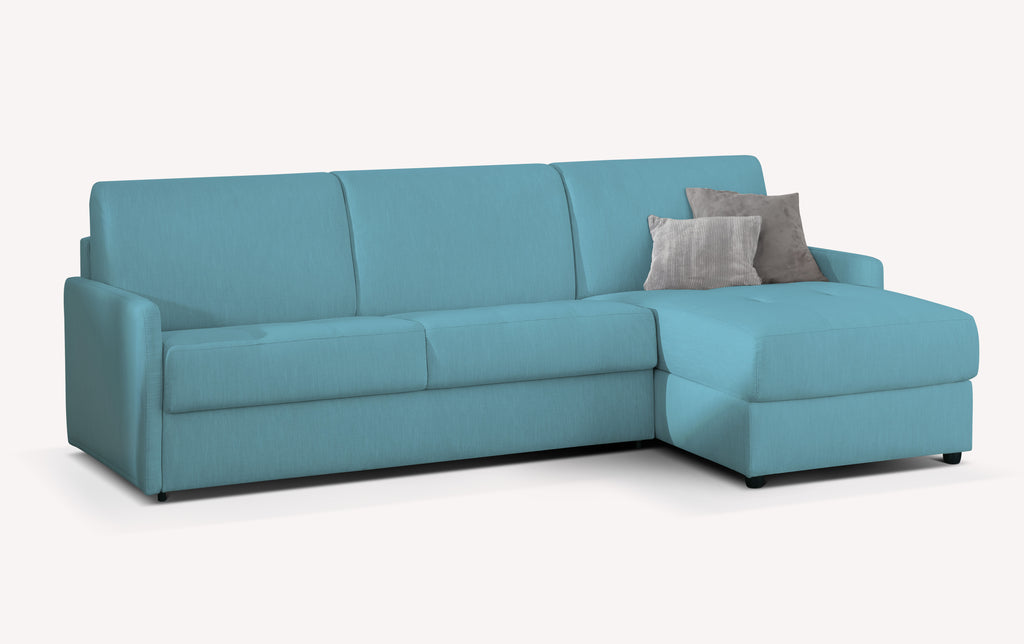 Canapé convertible d'angle en tissu bleu lagon, modèle Marlon, avec coussins gris