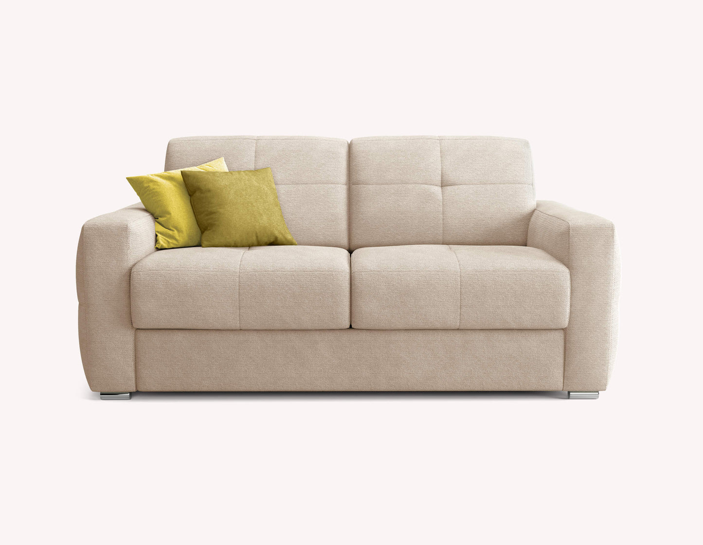Canapé convertible SONY Aragon Ivoire avec deux coussins verts, design moderne et tissu beige clair adapté pour un couchage quotidien confortable.